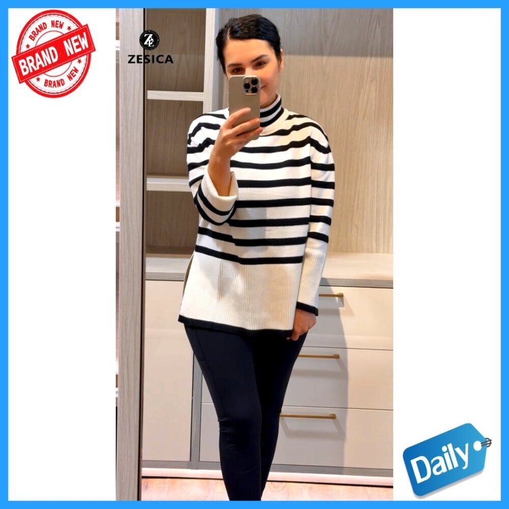 Oversized Turtleneck Pullover Sweater Striped Side Slit Long Sleeve Loose Fit - Picture 7 of 7